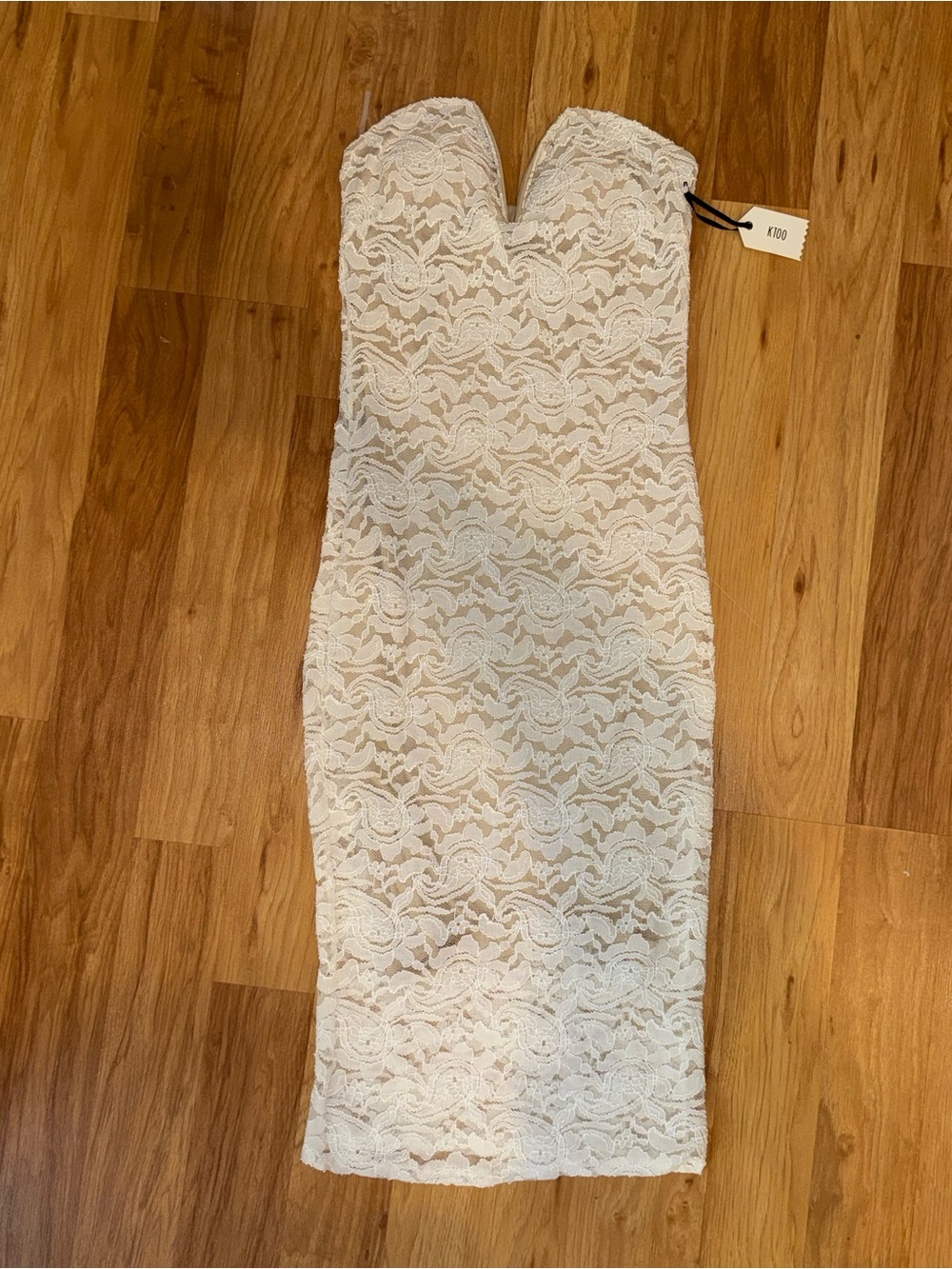 Strapless Lace Sheath Midi Dress in Ivory
